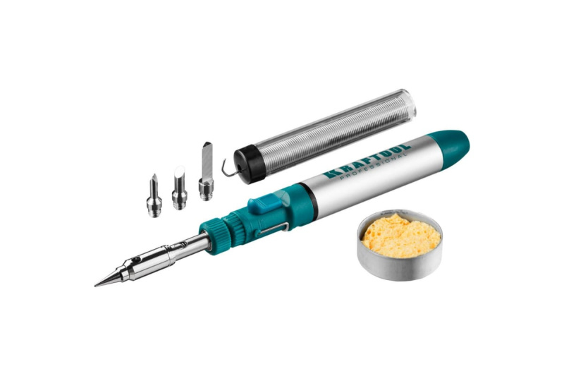 Набор, паяльник газовый, 3в1, 4 насадки, припой, чистка жал, 1300С KRAFTOOL 55504-H8